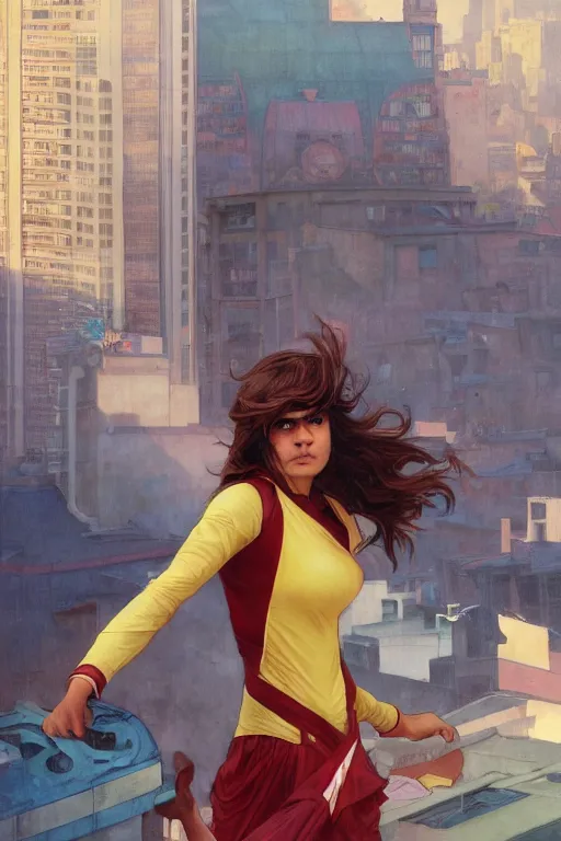 Image similar to A dynamic shot of Kamala Khan on a rooftop. MCU. masterpiece 4k digital illustration by Ruan Jia and Mandy Jurgens and Artgerm and greg rutkowski and Alexander Tsaruk and WLOP and william-adolphe bouguereau, award winning, Artstation, art nouveau aesthetic, Alphonse Mucha background, intricate details, realistic, panoramic view, Hyperdetailed, 8k resolution, intricate art nouveau