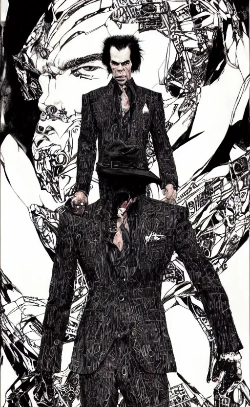 Prompt: full body portrait of nick cave with all the evil inside him, sumi - e lighting style, intricate linework, artstation, trending, highly detailed, smooth, focus, concept art by yoji shinkawa and glenn fabry, lee bermejo, gabriele dell'otto