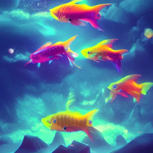 Image similar to fish swimming around, clouds, nebulae, starburst, neon colors, dreamy, phone wallpaper, 4 k, unreal engine, artstation, colorful, beautiful