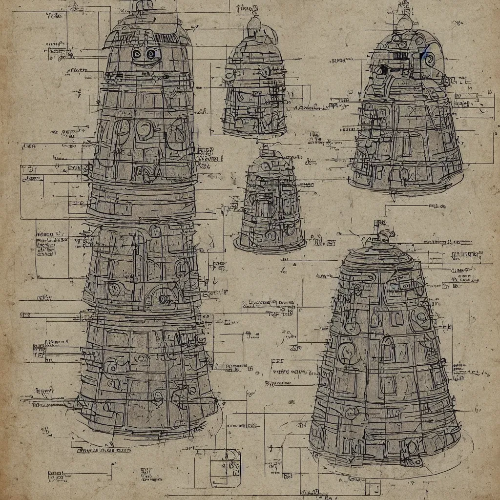 Prompt: renaissance blueprint of a dalek