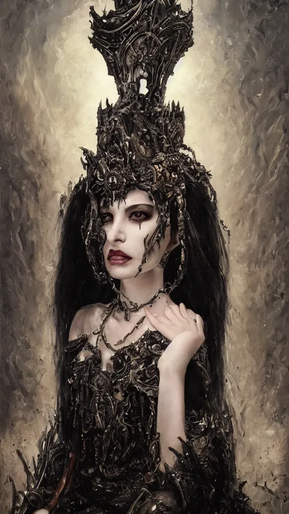 Image similar to a beautiful black haired woman with pale skin and a crown on her head sitted on an intricate metal throne, intimidating woman, large black eyes, high forehead, smooth pale skin, ethereal skin, ominous, eldritch. oil painting by nuri iyem, james gurney, james jean, greg rutkowski, highly detailed, soft lighting, chiaroscuro