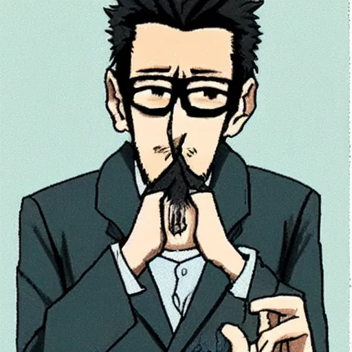 Image similar to rare photo of gendo ikari smoking a joint