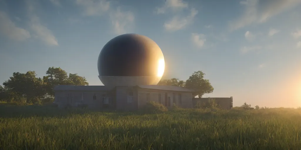 Image similar to a serene landscape with a singular building at sunrise with a giant jupiter appearing in the sky, digital art, concept art, octane render, unreal engine 5, hyperrealistic, highly detailed, high quality, 4K, low contrast, soft lighting, path tracing, complementary colors, natural lighting, geometric