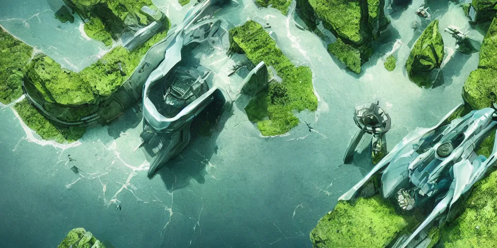 Prompt: futuristic science - fiction landscape seen from above, summer, green, bay, water, flora and fauna, artificial life, concept art, detailed, dylan cole, james gurney, greg rutkowski, artstation, cgi, octane render, 3 d, unreal engine