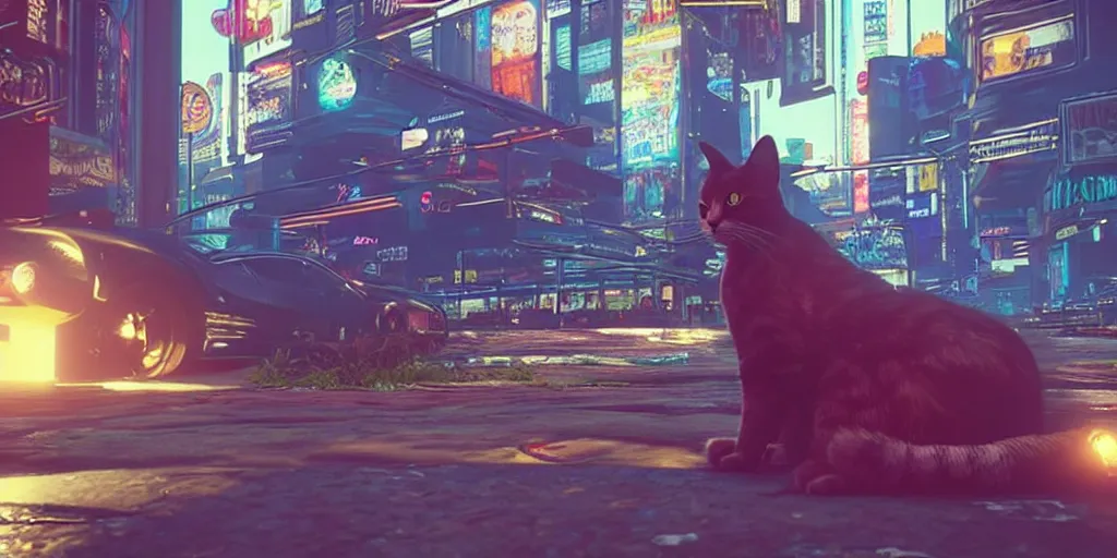 Prompt: “beautiful up close photo of a cat staring to the camera while sitting in the streets of night city’s corpo plaza, cyberpunk 2077”