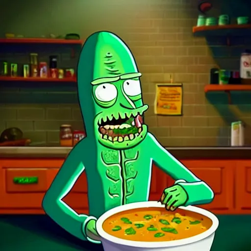 Prompt: pickle rick serving in a soup kitchen, pickle rick serving soup, kindness, detailed portrait, matte painting