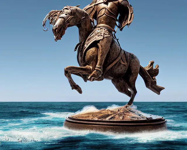 Image similar to a giant abstract sculpture of a great warrior on a horse on the ocean water, in the style of chad knight, award winning, cinematic, hyper - realistic, very detailed, realistic water splashes, ray tracing, 8 k resolution, long - shot, sharp focus, low angle, 8 5 mm photograph, wide lens