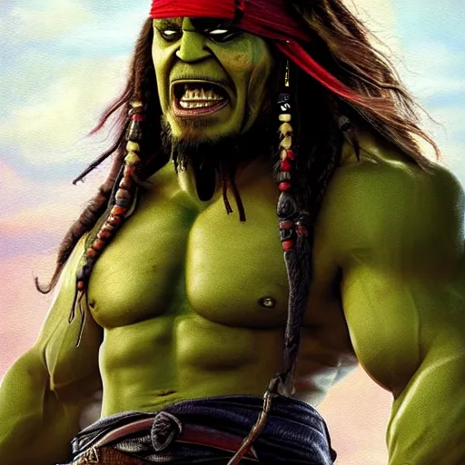 Image similar to hulk starring as jack sparrow. full body. oil on canvas. intricate. 8 k. highly professionally detailed. hdr. cgsociety