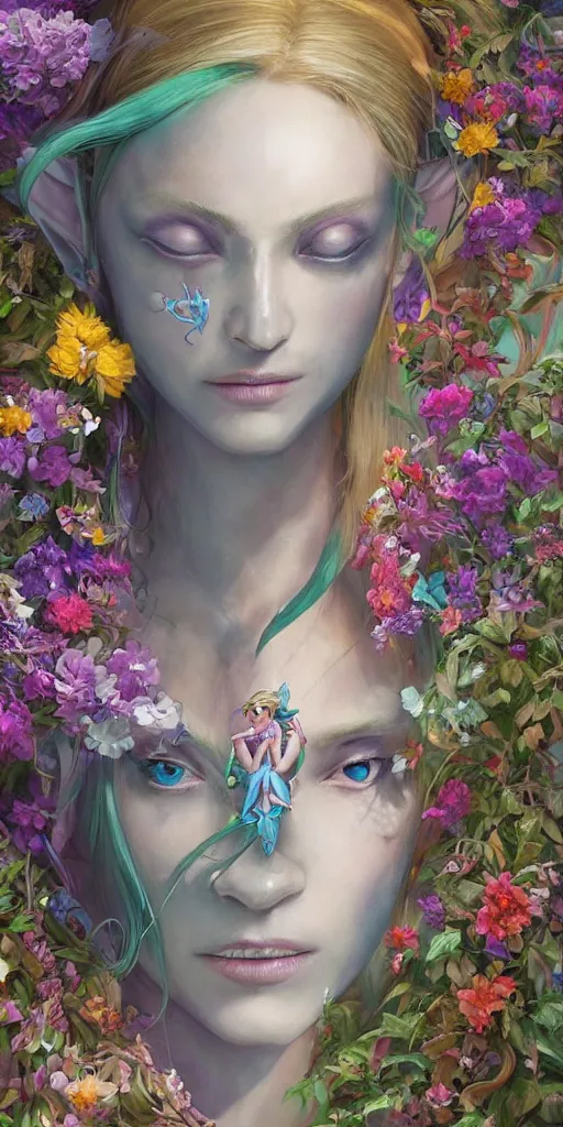 Image similar to a professional painting of the great fairy from legend of Zelda ocarina of time, long golden hair full of flowers, beautiful bone structure, symmetrical facial features, floating above a water fountain in a lush garden, , intricate, elegant, digital painting, concept art, smooth, sharp focus, illustration, from Metal Gear, by Ruan Jia and Mandy Jurgens and Artgerm and William-Adolphe Bouguereau