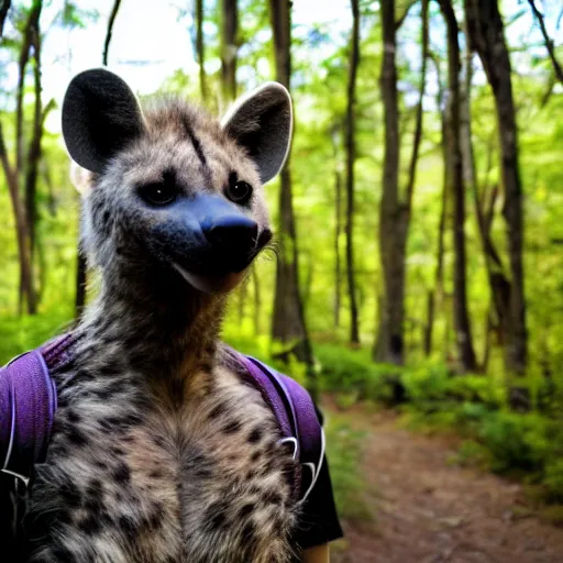 Prompt: furry anthro Crocuta crocuta anthropomorphic spotted hyena man wearing cargo shorts professional profile photo portrait hiking forest in background