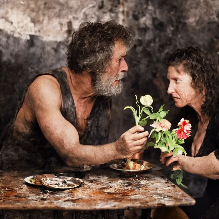 Prompt: closeup portrait of a couple eating flowers at a dining table, in a burnt charred house, by Annie Leibovitz and Steve McCurry, natural light, detailed face, CANON Eos C300, ƒ1.8, 35mm, 8K, medium-format print