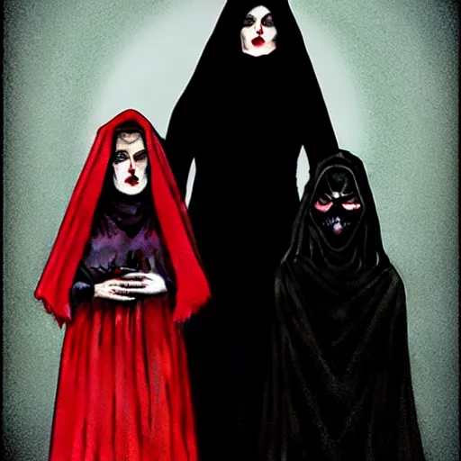 Prompt: in the style of Gottfried Helnwein, Steve Niles Norman Rockwell, three female witches dressed in black with veils:: graveyard:: red moon:: vampire blonde woman::