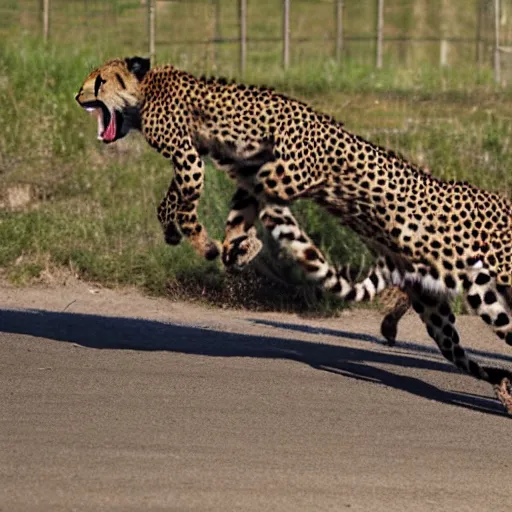 Prompt: girl riding a cheetah on a race track