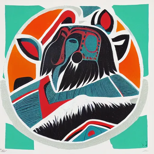 Prompt: tlingit haida lithographic, havanese dog, abstract, simple colors, lithograph print by nathan jackson and tristan - wolf reg davidson clifton guthrie maynard johnny jr.