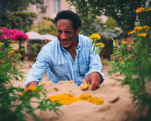 Image similar to 8 5 mm food photography of sylvester stalone playing with toys near a garden with sand with dof and bokeh and flowers o