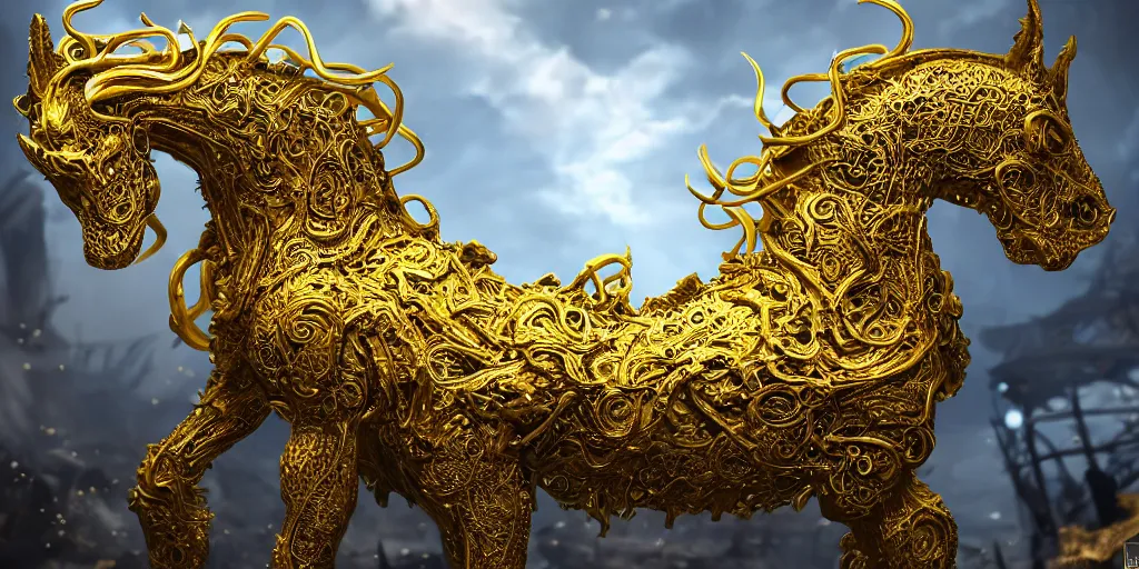 Prompt: a photo of 8k ultra realistic corrupted lovecraftian golden horse, 8 intricate white and gold tentacles, ornate white and gold armour, cinematic lighting, trending on artstation, 4k, hyperrealistic, focused, extreme details, unreal engine 5, cinematic, masterpiece