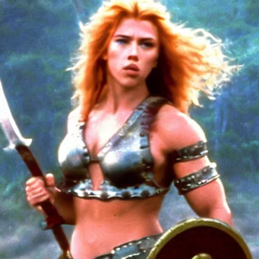 Image similar to epic photo of muscular scarlett johansson as beautiful barbarian warrior queen with long curly blonde hair, battle scene with a thousand warriors behind her in the background, sweaty, detailed eyes, neutral expression, shallow depth of field, photorealistic, cinematic lighting, lovely bokeh, warm colours, dusk, movie quality, conan the destroyer 1 9 8 5, movie still, cinemascope