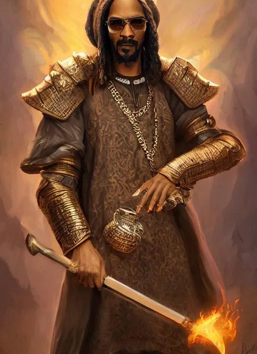 Image similar to snoop dogg as a mage, short beard, grumpy, plate armor, Ivan Aivakovsky, Boris Vallejo, epic fantasy character art, D&D Concept Art, full length, ultra Realistic, Regal, Refined, Detailed Digital Art, Exquisite detail, post-processing, masterpiece, Cinematic Lighting, Unreal Engine, 8k, HD,