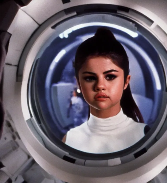 Image similar to selena gomez, 2 0 0 1 : a space odyssey ( 1 9 6 8 ) movie still frame, hd, remastered, detailed, cinematic lighting