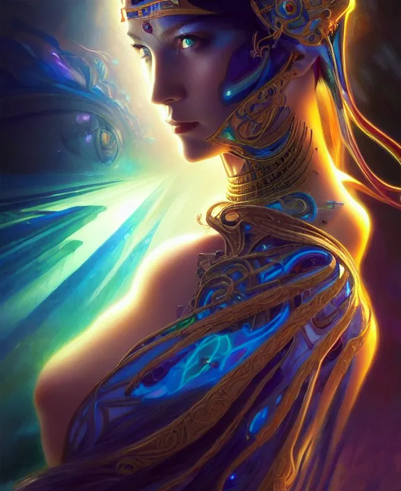 Image similar to a whirlwind of souls rushing inside the metaverse, half body, glowin eyes, tiara with sapphire, pharaoh, android, cyberpunk, d & d, fantasy, intricate, elegant, highly detailed, colorful, vivid color, digital painting, artstation, concept art, art by artgerm and greg rutkowski and alphonse mucha and ruan jia