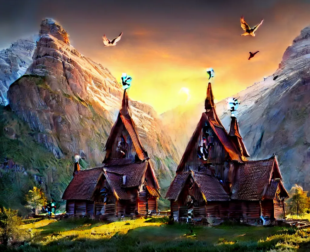 Image similar to Hopperstad Stave Church, medieval wooden church by norwegian fjord, beautiful scenery, mountains, sea, rocks, evening sunset, birds returning to their nest, a matte painting by Filip Hodas, featured on cgsociety, magical realism, matte painting, anamorphic lens flare, concept art