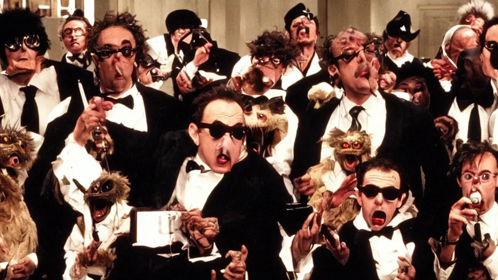 Prompt: Gremlins disguised as wall street traders and soundcloud rappers orchestrate black swan event stock market crypto crash, film still from Gremlins 3 directed by Joe Dante, Nathan Fielder and Groucho Marx