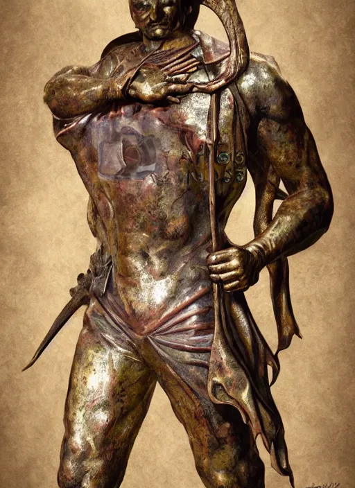 Image similar to An epic fantastic realism comic book style portrait painting of a distressed bronze archery sculpture from the future by Stanislaw Szukalski, gilded colorful marbled paper background, winged archer, fisheye lens, unreal 5, DAZ, hyperrealistic, octane render, dynamic lighting