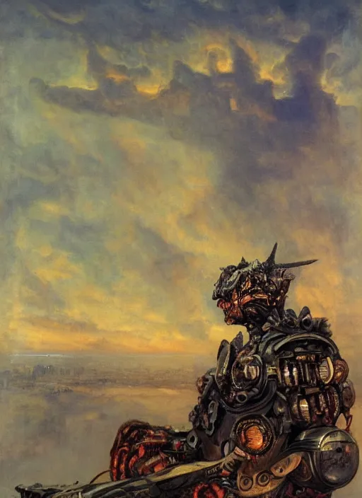 Image similar to biblical mechanical daemon sitting slayed, in clouds over a city, sunset, big eyes, portrait by mikhail vrubel, studio lighting, muted colors, by frank frazetta, extreme detail, reflections, trending on artstation, 8 k