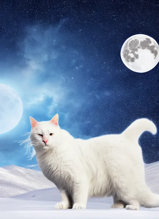 Image similar to giant white cat on a snowy mountain with lightning coming out of its paws, blue sky background with moon