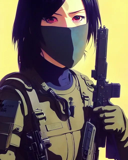 Image similar to girl wearing tactical gear, very anime, fine - face, audrey plaza, realistic shaded perfect face, fine details. anime. realistic shaded lighting poster by ilya kuvshinov katsuhiro otomo ghost - in - the - shell, magali villeneuve, artgerm, jeremy lipkin and michael garmash and rob rey