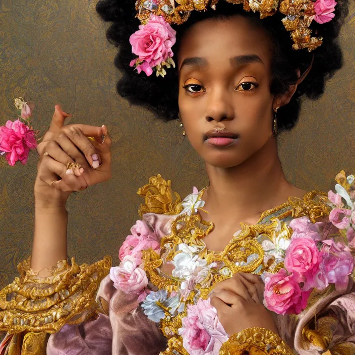 Image similar to highly detailed venetian rococo portrait of a black princess wearing a crown, golden jewels, pastel flowery background, 8 k, realism, volumetric lighting, flowers, fantasy, realistic, symmetrical face, digital illustration, art by krenz cushart, alphonse mucha, kehinde wiley, artem demura