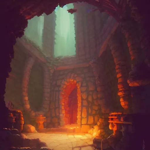 Image similar to key shot of ancient underground dungeon, studio ghibli, bloom, anime key art, gloomhaven, organic painting, hard edges, luminescent, octane render, by greg manchess, huang guangjian, gil elvgren, sachin teng, greg rutkowski, jesper ejsing, rhads, cushart krenz, anton fadeev