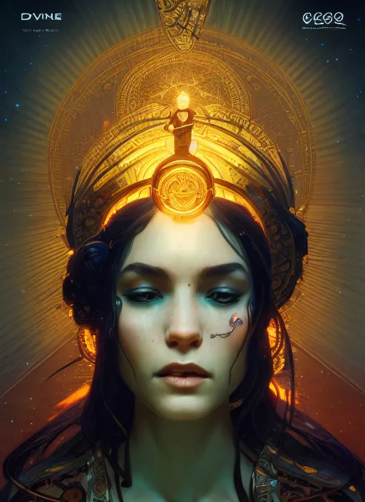 Prompt: Divine cosmic female power, glyphs, magic, artstation, high contrast, dramatic lighting, cgsociety, very detailed, intricate, detailed illustration, by artgerm and greg rutkowski and alphonse mucha, octane render, unreal engine, hyperrealism