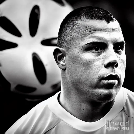 Prompt: real ronaldo nazario head and shoulders portrait photograph by mark mann