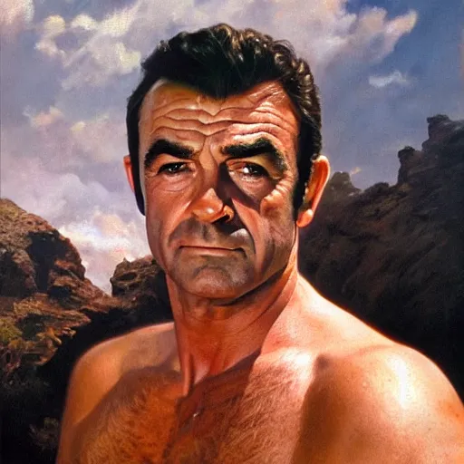 Image similar to ultra realistic portrait painting of sean connery, frank frazetta, 4 k, ultra realistic, highly detailed, epic lighting