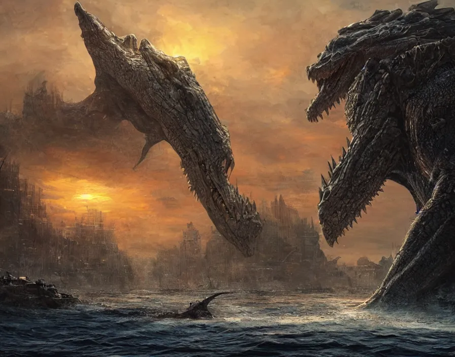 Prompt: one monster with a crocodile's head stands in the sea and towers over a small town, sunrise, daniel dociu, paleoart, pacific rim concept art