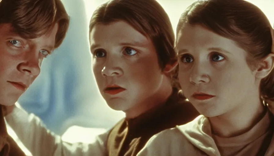 Image similar to film still of carrie fisher and mark hamill as children in new star wars movie, dramatic lighting, highly detailed face, kodak film, wide angle shot,