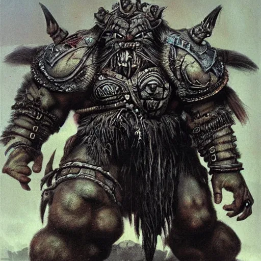 Image similar to warhammer orc feral chieftain, wearing tribal armor, bulky body, ogre head, tusked, beksinski