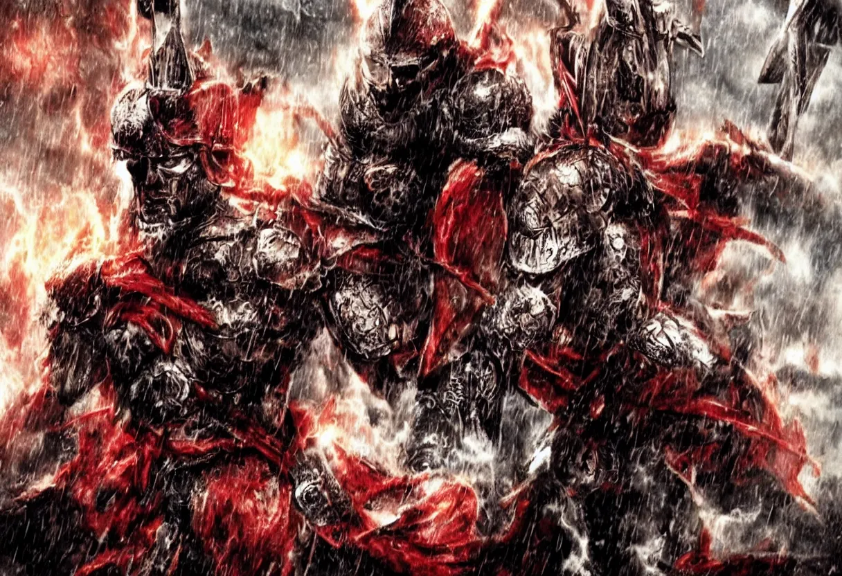 Prompt: leonidas king zack snyder artwork battle large scale wearing helmets raining fire swords and spears red capes battle scarred helmets