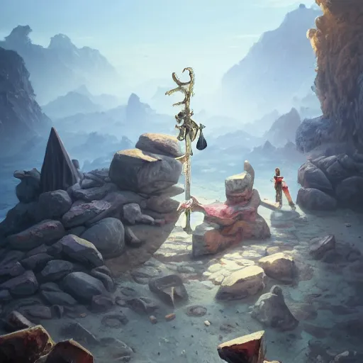 Image similar to a sword stuck in between stones on the ground, organic painting, sunny day, matte painting, bold shapes, hard edges, street art, trending on artstation, by huang guangjian, gil elvgren, ruan jia, randy vargas, greg rutkowski