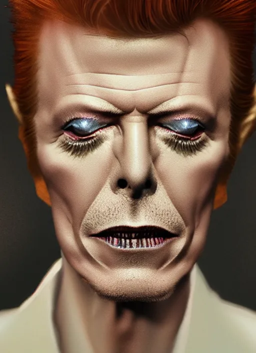 Image similar to david bowie in real life, face centered portrait of david bowie, confident, fog, rain, volumetric lighting, beautiful, golden hour, sharp focus, ultra detailed, cgsociety by leesha hannigan, ross tran, thierry doizon, kai carpenter, ignacio fernandez rios, noir art house, 4 k, 3 5 mm, fujifilm