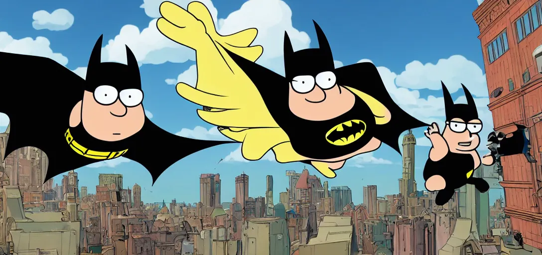 Image similar to peter griffin as batman, flying in sky