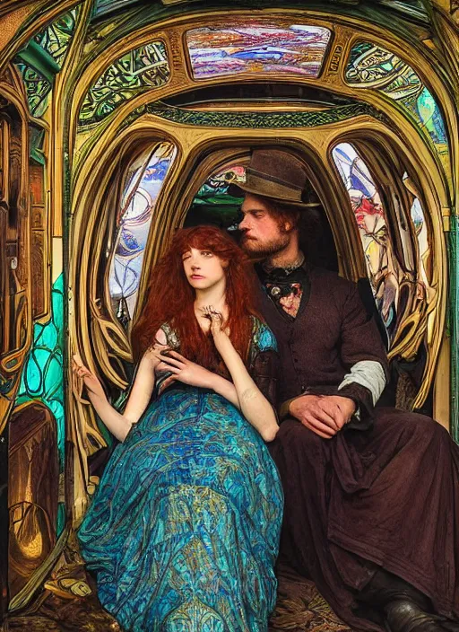 Image similar to detailed colourful masterpiece of intricate preraphaelite art nouveau photography couple portrait sat down extreme closeup, love, inside an underwater train, detailed realistic expressions, wearing unusual clothes, by ford madox brown and frederic leighton and john william waterhouse and william morris, ultra wide angle