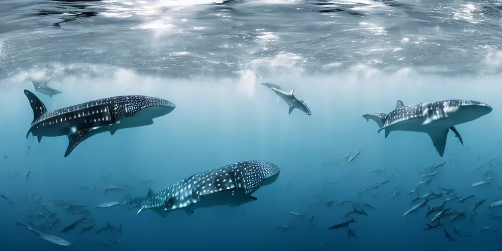 Image similar to hyperrealistic underwater photography, panoramic picture of an ocean floor with in the distance are some whale sharks. focus on the sharks. the sharks are anatomically correct and highly detailed. lots of bubbles. seaweed and some rocks. gloomy scattered light entering from the water surface, trending on artstation, hq, 4 k