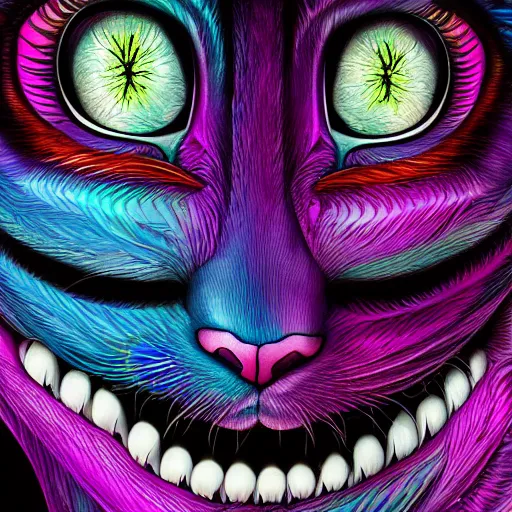 Image similar to psychedelic, photorealistic, colorfully cheshire cat in a maximalist style on a background that fades to black