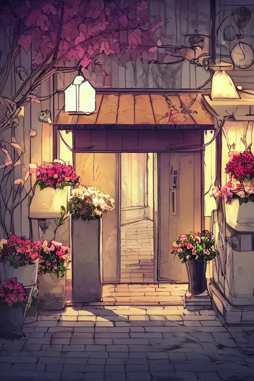 Prompt: a little flower shop's front gate, nostalgic, digital illustration, dramatic lighting, pixiv