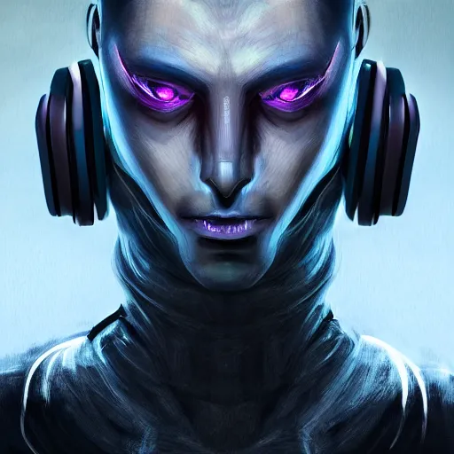 Image similar to dramatic portrait of a humanoid alien creature mixed android , futuristic headset, cyber punk style, highly detailed, digital painting, smooth, sharp, aggressive face, expressive eyes, digital painting, ultrarealistic, 4k, artstation, art by Neville Page and Daytoner