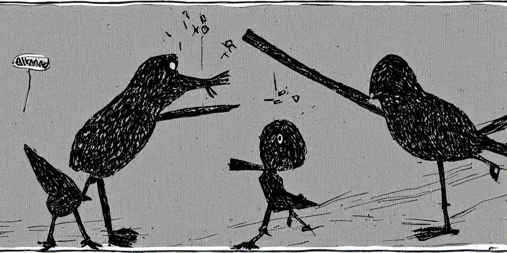 Image similar to xkcd comic with two stick figures discussing a bird, black and white