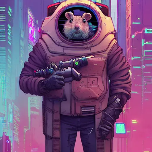 Prompt: A cyberpunk hamster cyborg on the street of a cyberpunk city art by Josan Gonzalez, sci-fi, highly detailed, digital painting, artstation, smooth, sharp focus, illustration, concept art by Josan Gonzalez and James Gurney and Mœbius