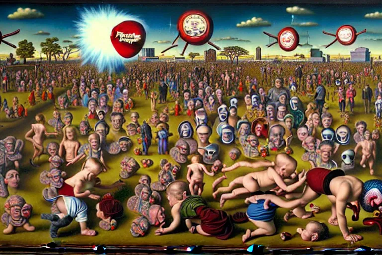 Image similar to a sparsely populated strange battle in an old hospital between old people and babies Robert Williams Mark Ryden and Alex Gross, Todd Schorr highly detailed deep perspective perfect composition